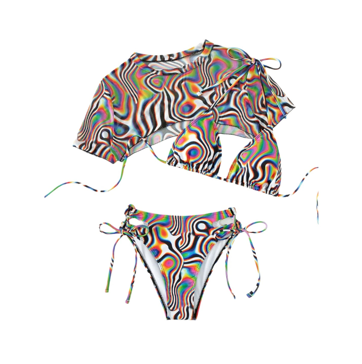 Maillot de bain trois pièces pour femme, motif tourbillon imprimé – style bohème chic, confort estival, tissu respirant