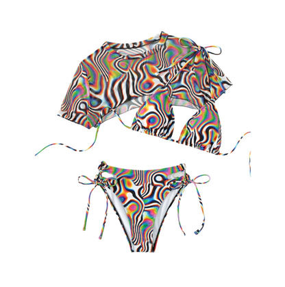 Maillot de bain trois pièces pour femme, motif tourbillon imprimé – style bohème chic, confort estival, tissu respirant