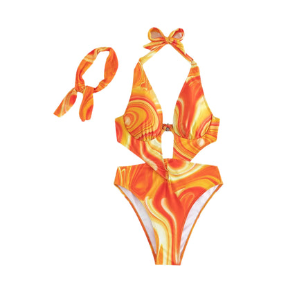 Maillot de bain une pièce pour femme, motif tourbillonnant bohème-vacances, dos ouvert – Confort et élégance au bord de l'eau