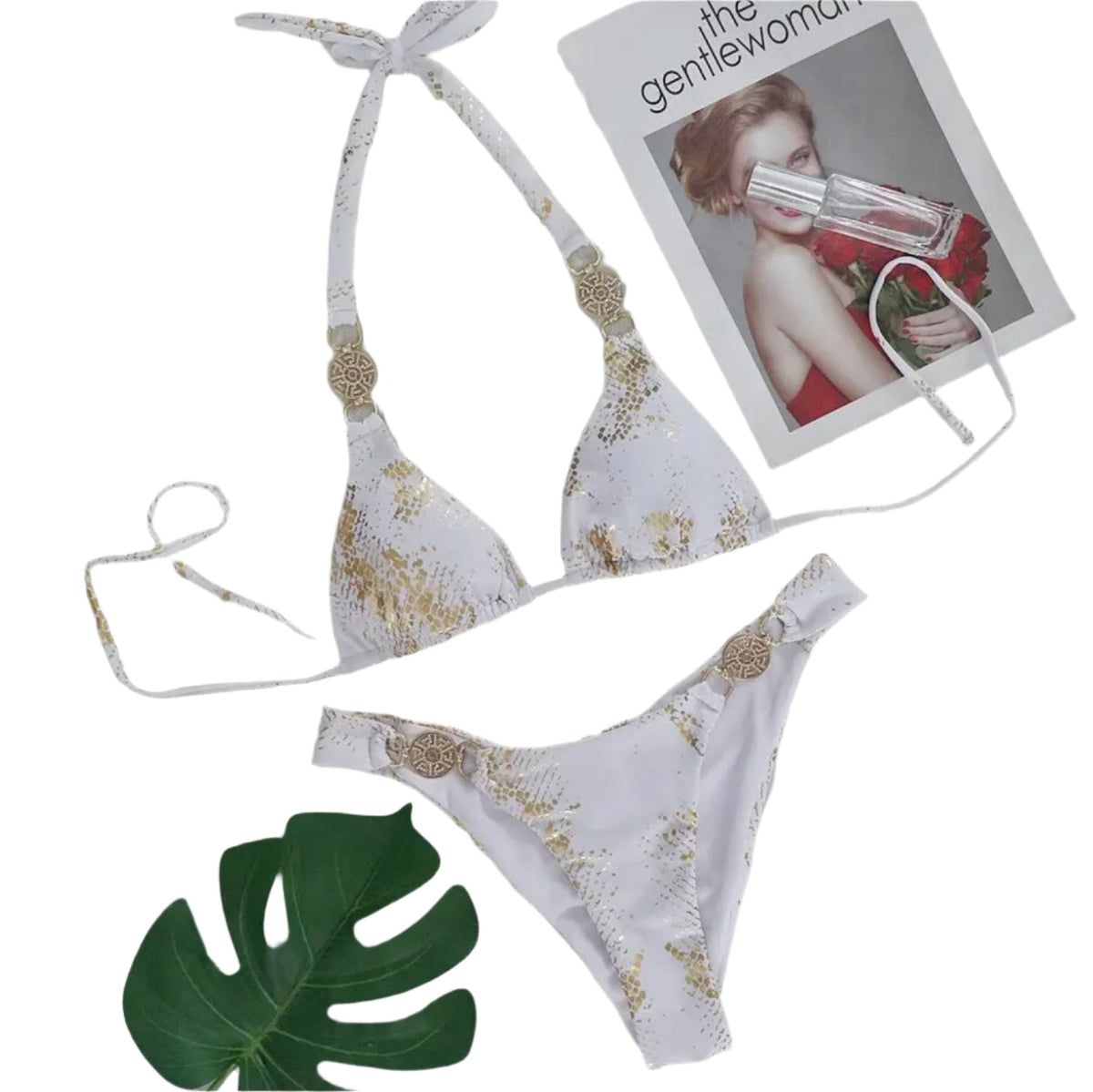 Bikini triangle pour femme à motif serpent – Maillot de bain taille haute avec accessoires en cristal
