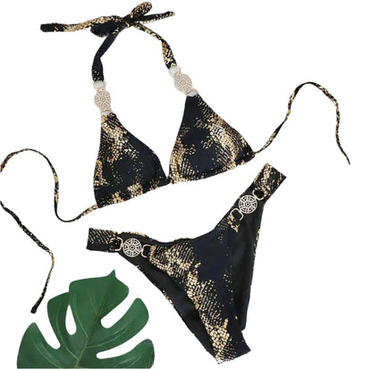 Bikini triangle pour femme à motif serpent – Maillot de bain taille haute avec accessoires en cristal