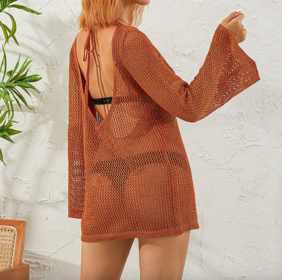 Women's Backless Beach Dress in Polyester Jersey with Wing Sleeves – Boho Elegance for Beach Outfit