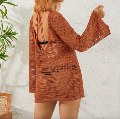 Women's Backless Beach Dress in Polyester Jersey with Wing Sleeves – Boho Elegance for Beach Outfit