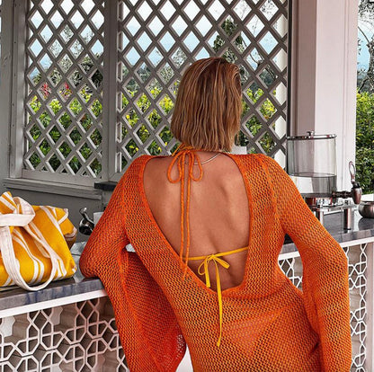 Women's Backless Beach Dress in Polyester Jersey with Wing Sleeves – Boho Elegance for Beach Outfit
