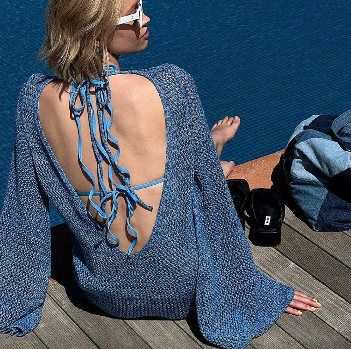 Women's Backless Beach Dress in Polyester Jersey with Wing Sleeves – Boho Elegance for Beach Outfit