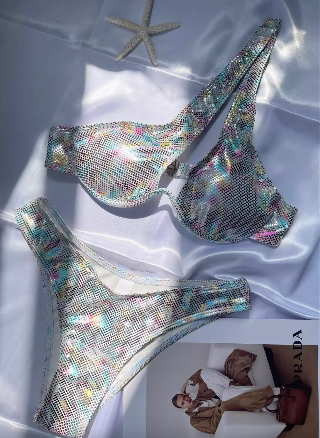 Bikini pour femme à bonnet haut et une épaule avec détail anneau brillant – Maillot de bain élégant et glamour