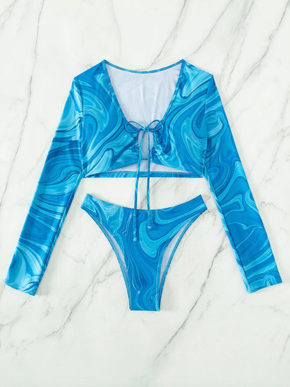 Bikini de plage à manches longues imprimé avec nouage tourbillonnant pour femmes – Maillot de bain bohème chic en deux pièces