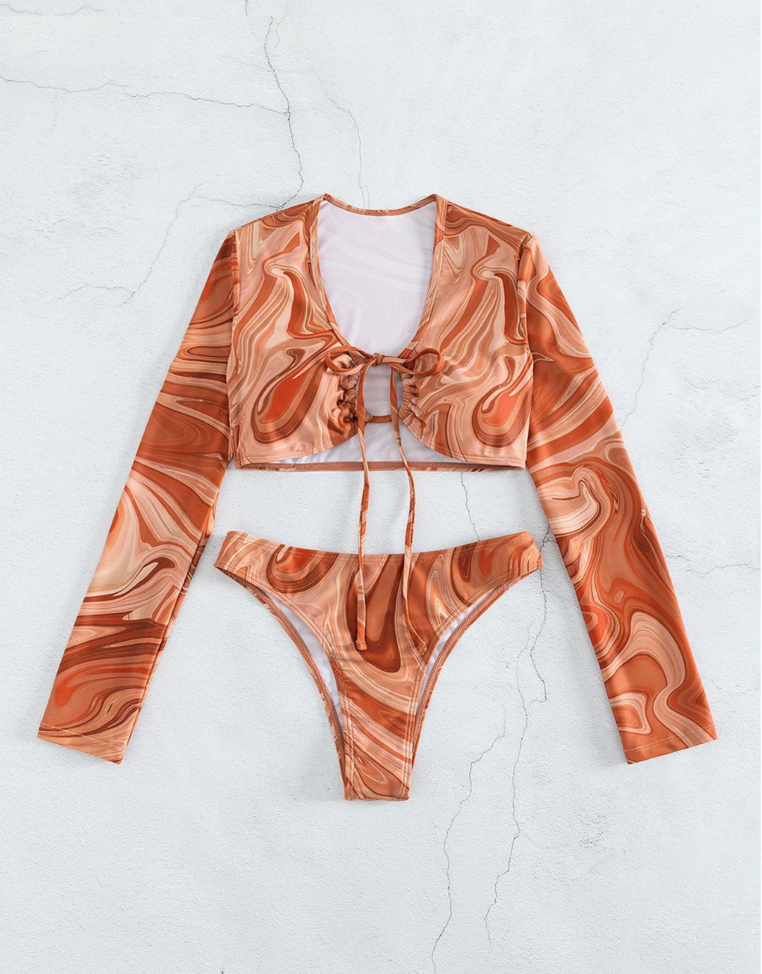 Bikini de plage à manches longues imprimé avec nouage tourbillonnant pour femmes – Maillot de bain bohème chic en deux pièces