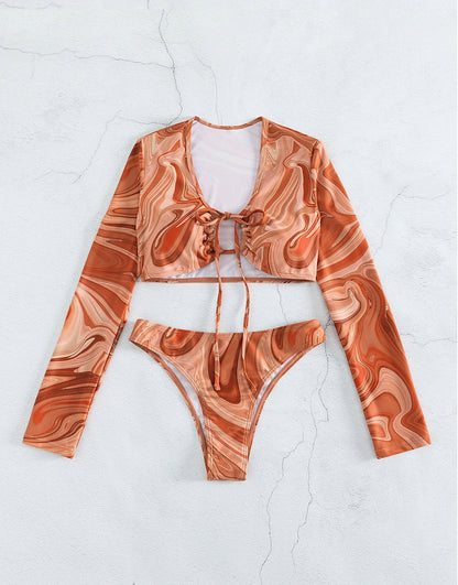 Bikini de plage à manches longues imprimé avec nouage tourbillonnant pour femmes – Maillot de bain bohème chic en deux pièces