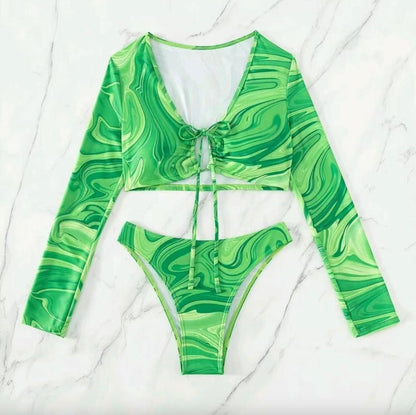 Bikini de plage à manches longues imprimé avec nouage tourbillonnant pour femmes – Maillot de bain bohème chic en deux pièces