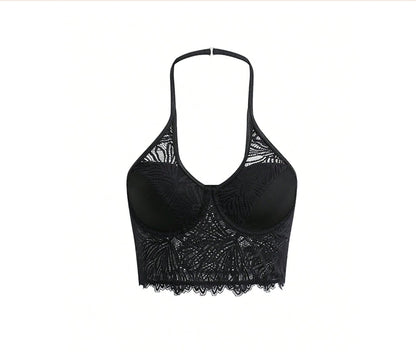 Camisole à col licou en dentelle séduisante pour femmes – Coupe ajustée, découpes sensuelles, élégance estivale