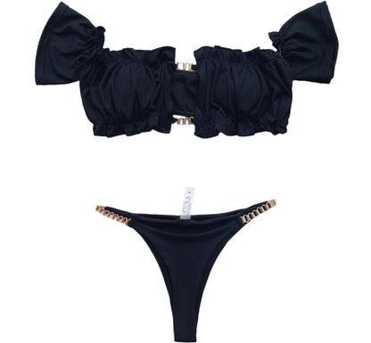 Bikini féminin à épaules dénudées avec détails ajourés et volants – Maillot de bain élégant pour l'été