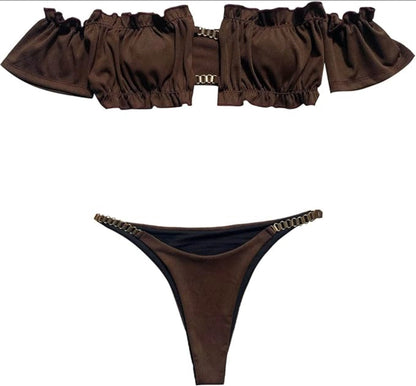 Bikini féminin à épaules dénudées avec détails ajourés et volants – Maillot de bain élégant pour l'été