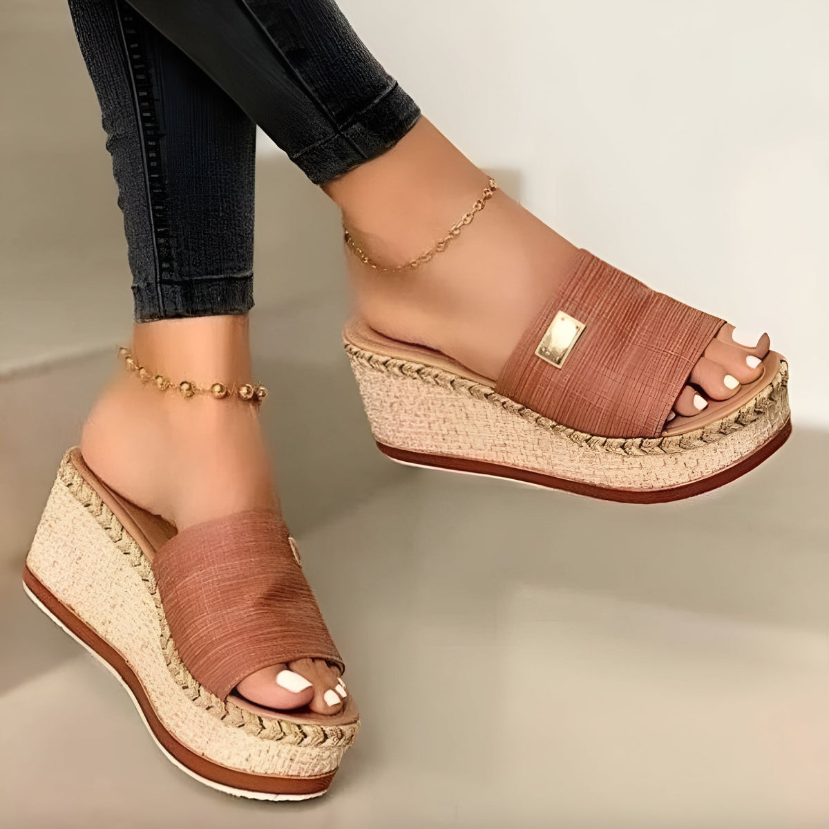 Women's Beige Wedge Sandals Size 38 Synthetic