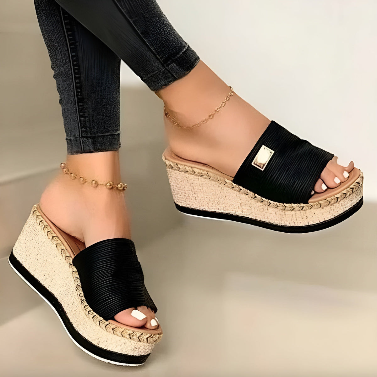 Women's Beige Wedge Sandals Size 38 Synthetic