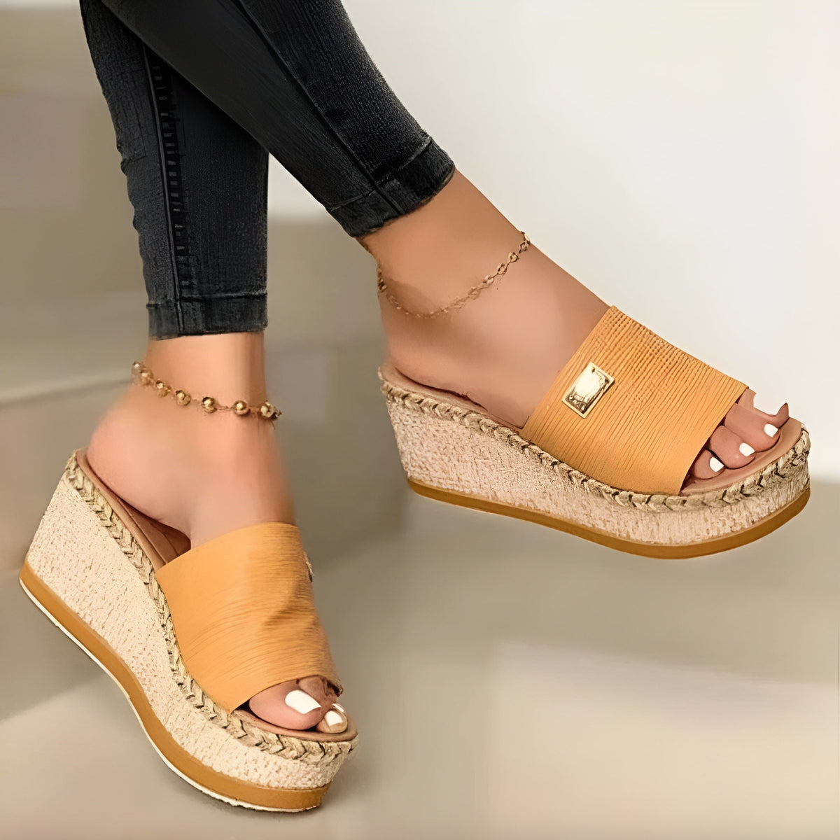 Women's Beige Wedge Sandals Size 38 Synthetic