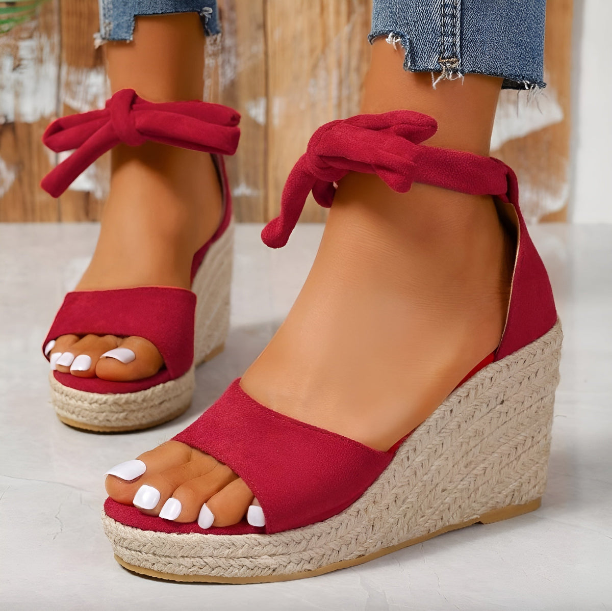 Women's Beige Wedge Sandals Size 38 Suede with Braided Rope Heel