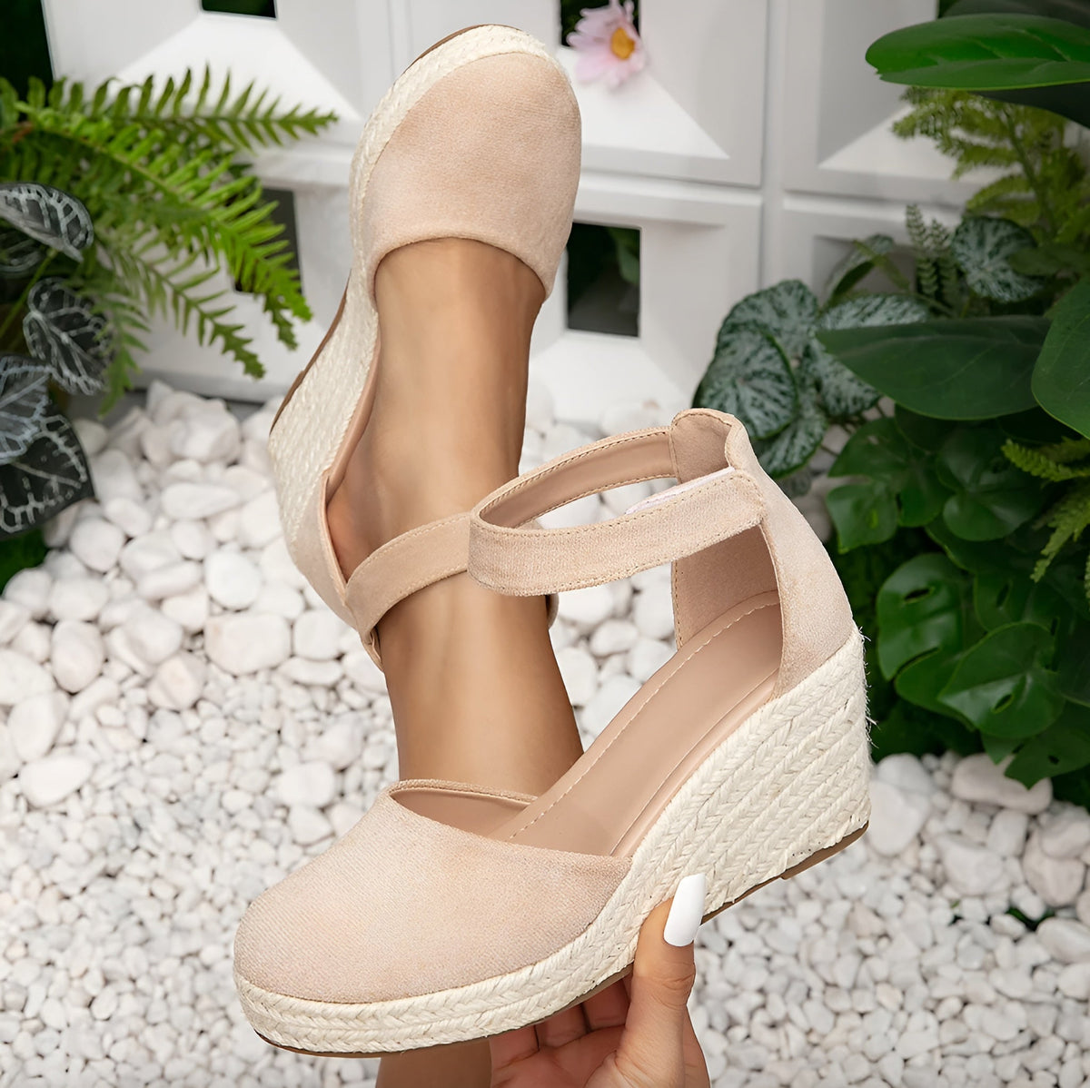 Women's Beige Wedge Sandals Size 38 Braided Suede