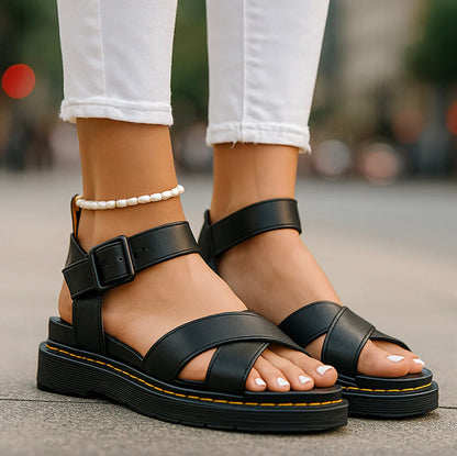 Women's Black Sandals Size 38 Synthetic Leather Thick Comfortable Sole