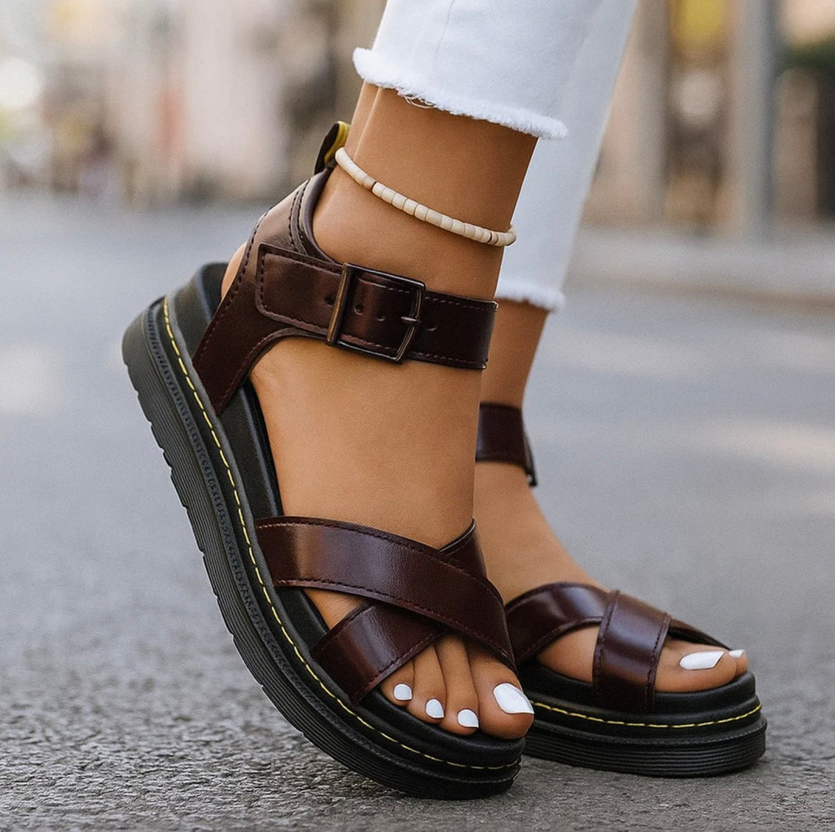 Women's Black Sandals Size 38 Synthetic Leather Thick Comfortable Sole