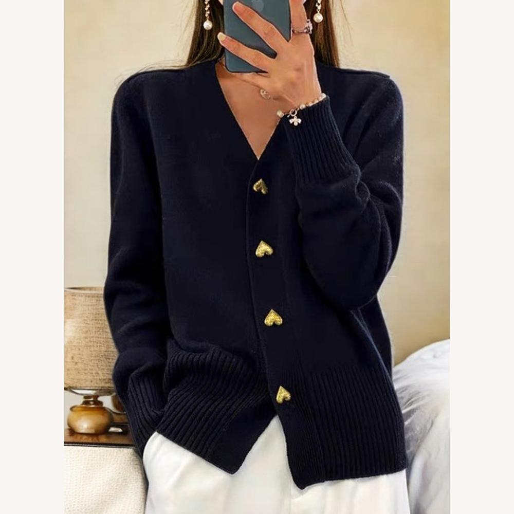 Cardigan doux en tricot à col en V pour femme avec boutons en forme de cœur – Élégance et confort, manches longues, coupe ample