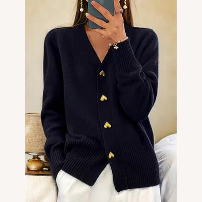 Cardigan doux en tricot à col en V pour femme avec boutons en forme de cœur – Élégance et confort, manches longues, coupe ample