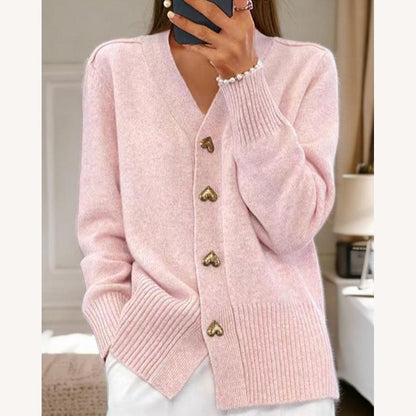 Cardigan doux en tricot à col en V pour femmes avec boutons en forme de cœur - Pull chaud et confortable pour toutes les occasions