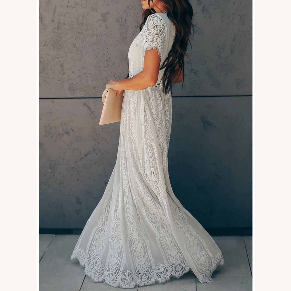 Long White Lace Dress for Women with Short Sleeves and V-Neck – Elegant for Evenings and Summer