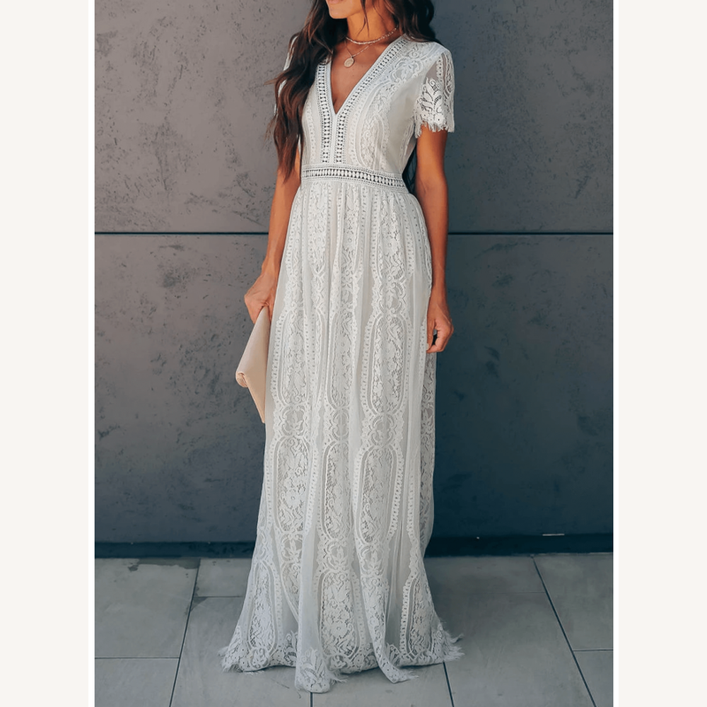 Long White Lace Dress for Women with Short Sleeves and V-Neck – Elegant for Evenings and Summer