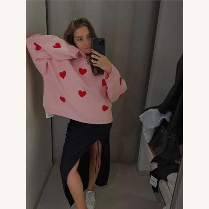 Pull tricoté ample pour femme avec broderie de cœur rouge – Doux et confortable en maille