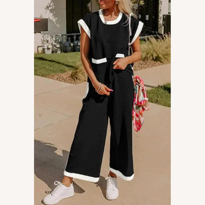 Ensemble deux pièces pour femme noir avec haut ample et pantalon à jambes larges – Détails contrastants blancs