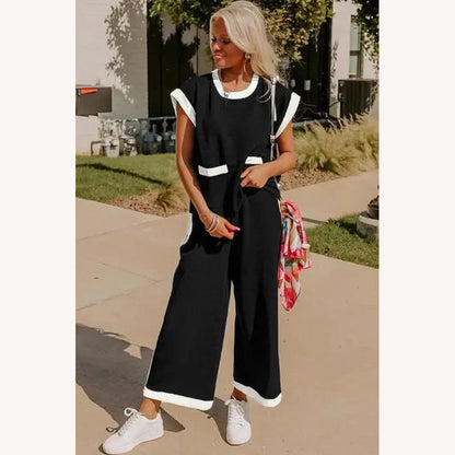 Ensemble deux pièces pour femme noir avec haut ample et pantalon à jambes larges – Détails contrastants blancs