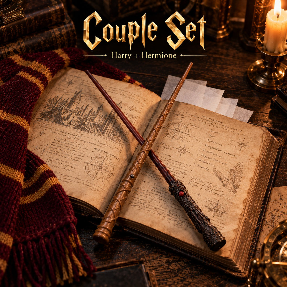Couple Set: Harry and Hermione fire magic wands on an open spellbook