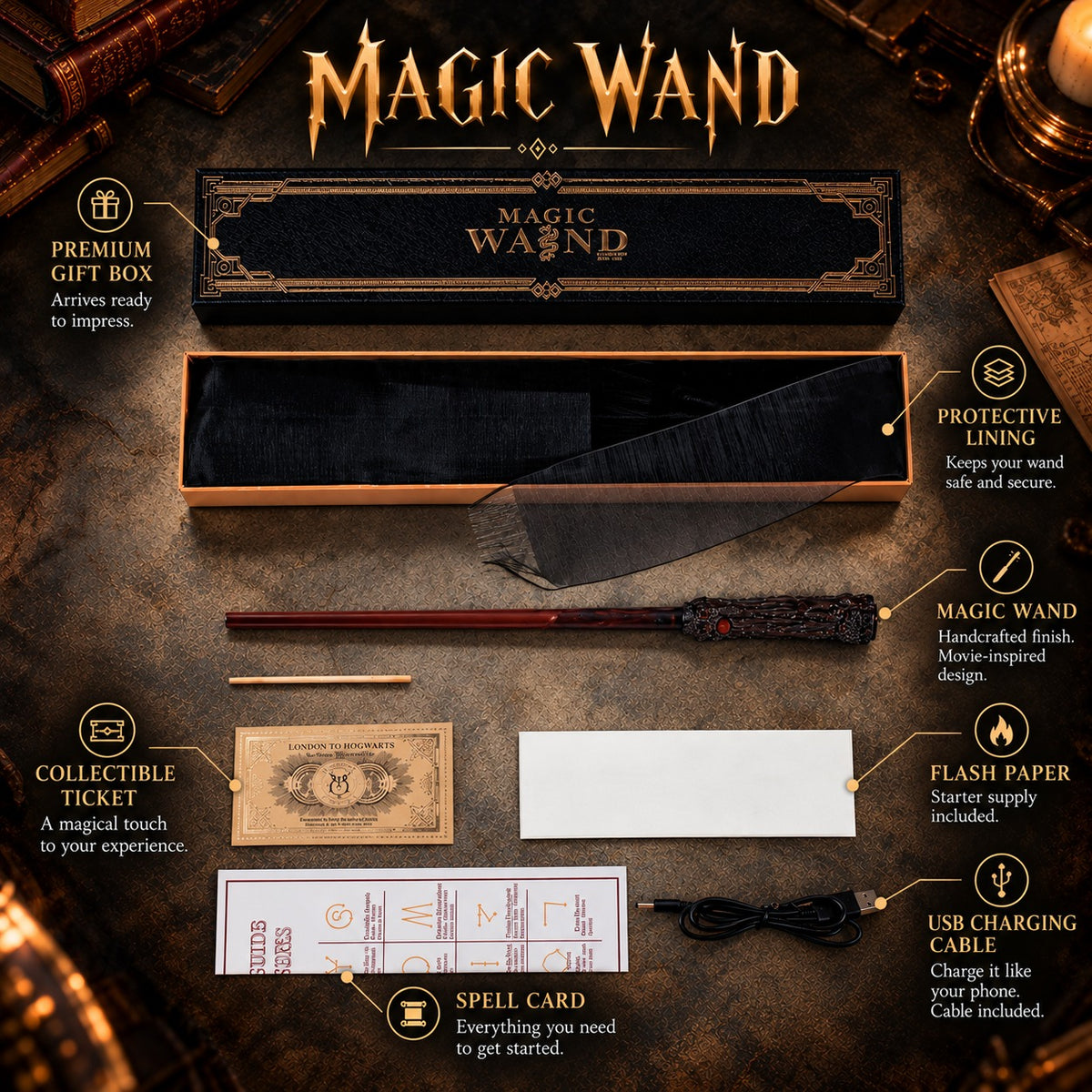 Harry fire magic wand with premium gift box, flash paper, collectible ticket, spell card and USB charging cable