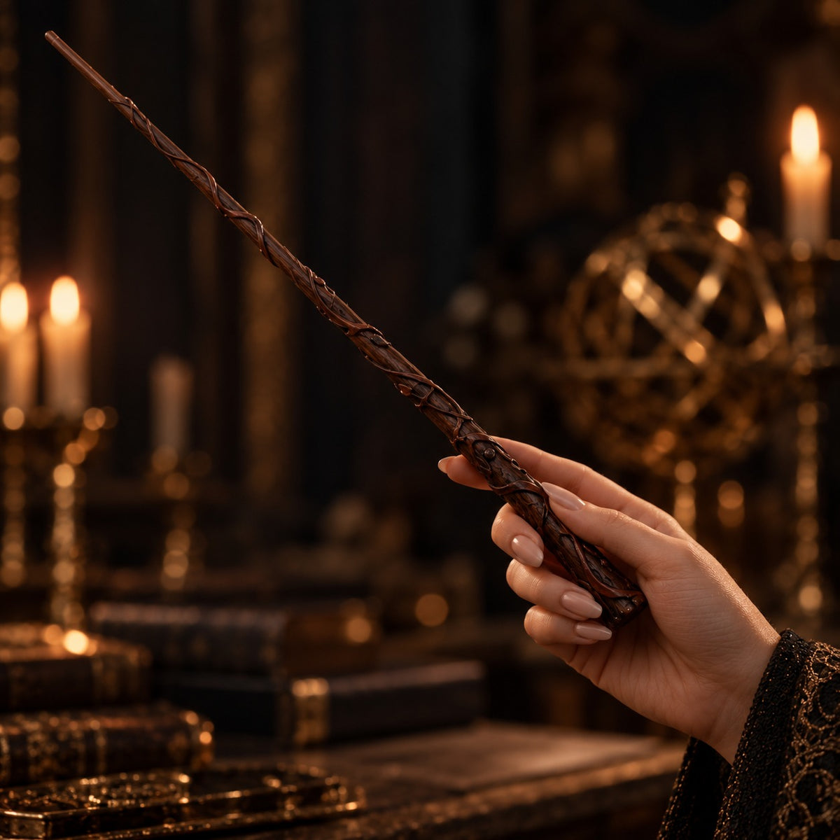 Hermione fire magic wand held in hand