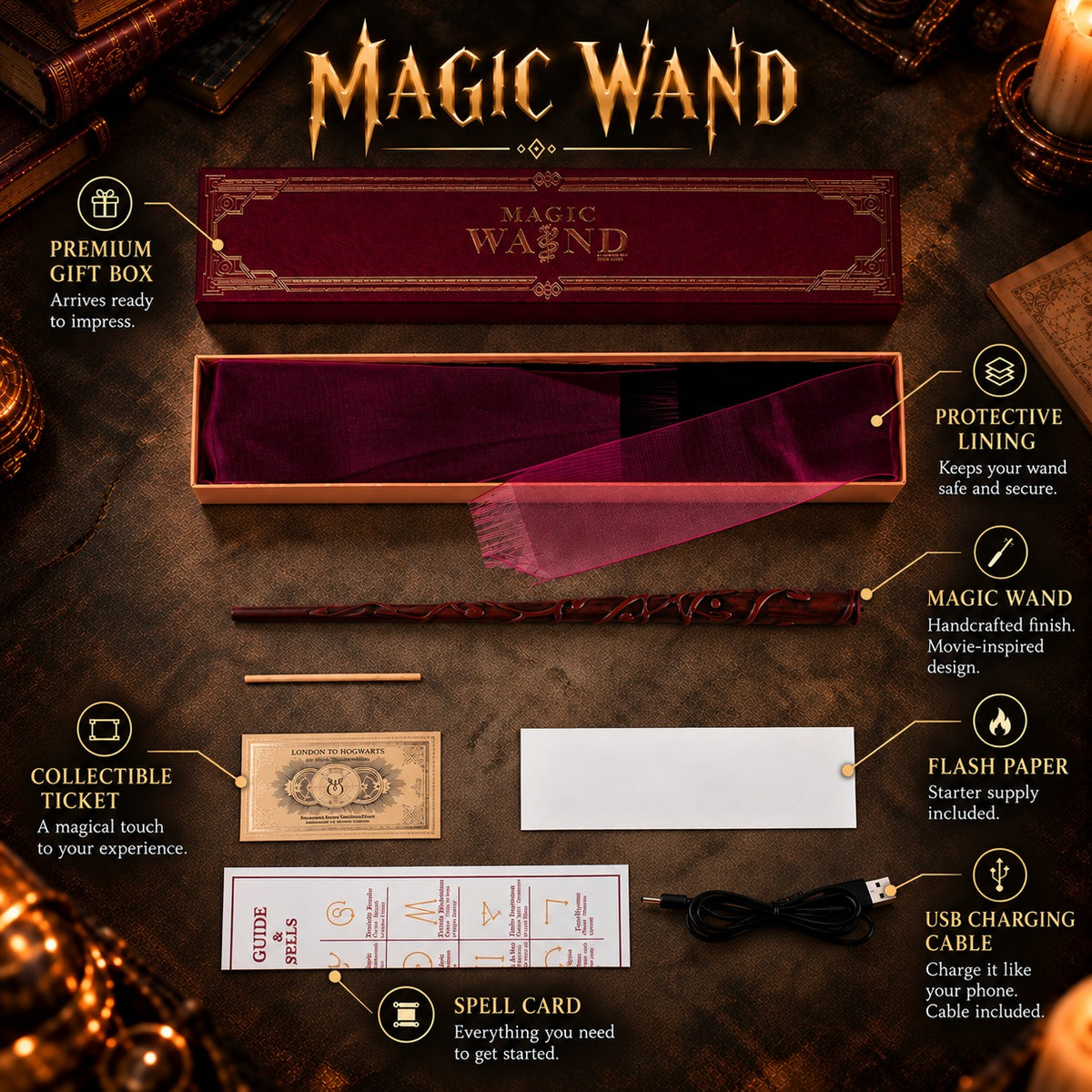 Hermione fire magic wand with premium gift box, flash paper, collectible ticket, spell card and USB charging cable