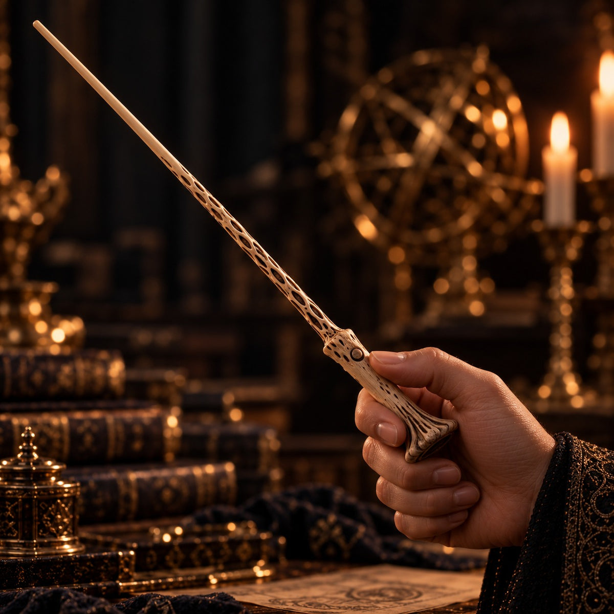 Voldemort fire magic wand held in hand