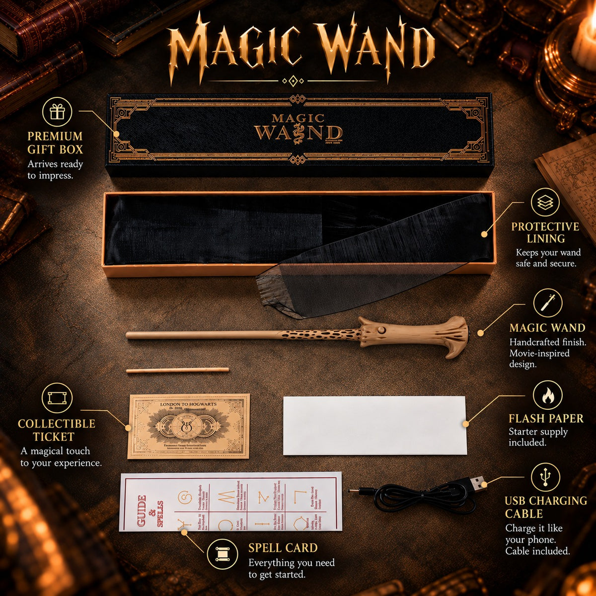 Voldemort fire magic wand with premium gift box, flash paper, collectible ticket, spell card and USB charging cable