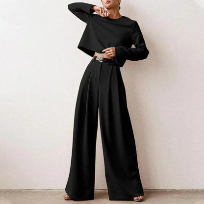 Ensemble élégant pour femme avec pantalon large – Haut court et pantalon taille haute en polyester